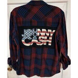 Johnny Cash Upcycled Flannel Lucky Brand Shirt Mens Size XL Patriotic Country